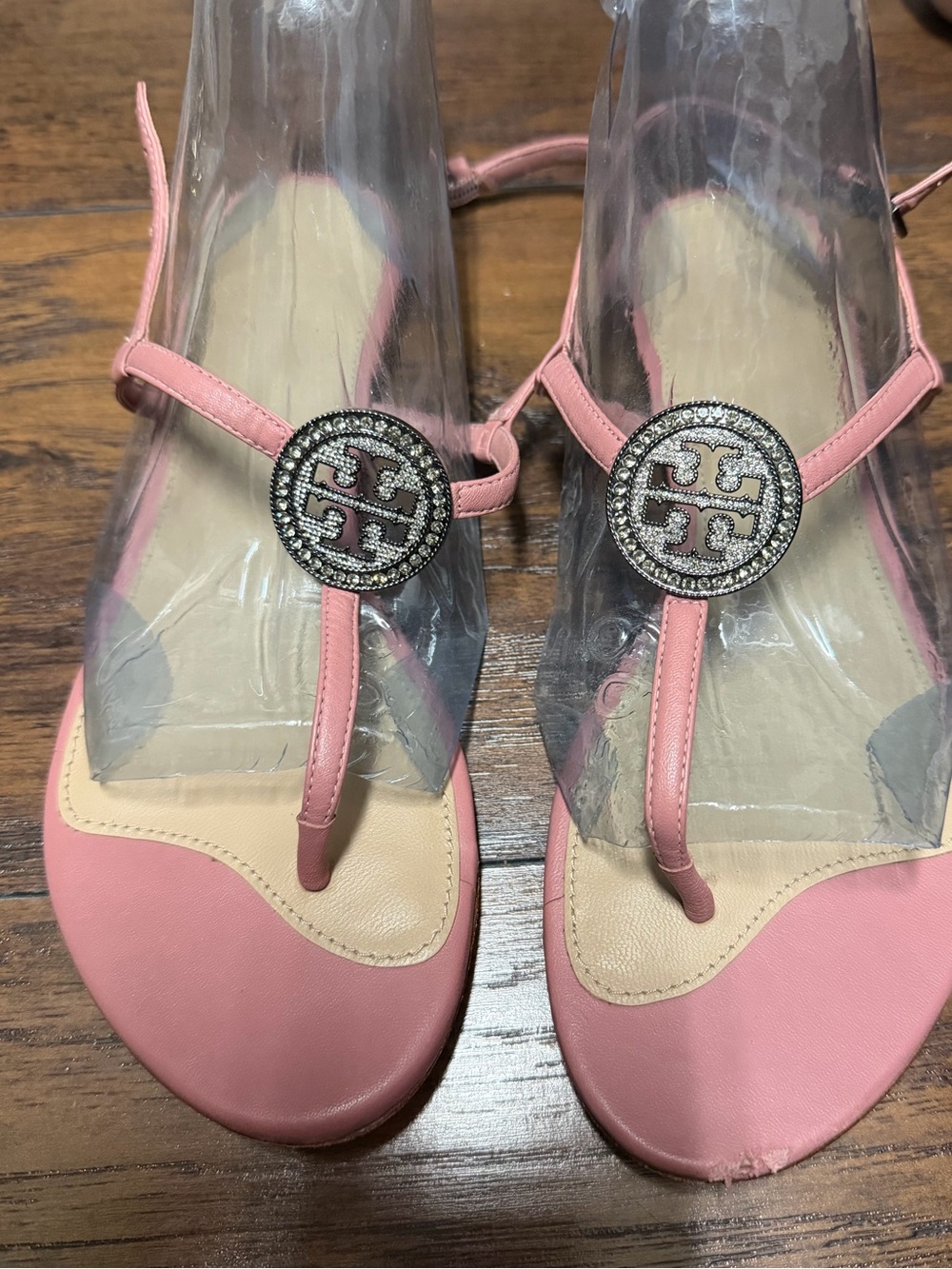 Tory Burch Pink Logo Medallion T-Strap Sandals